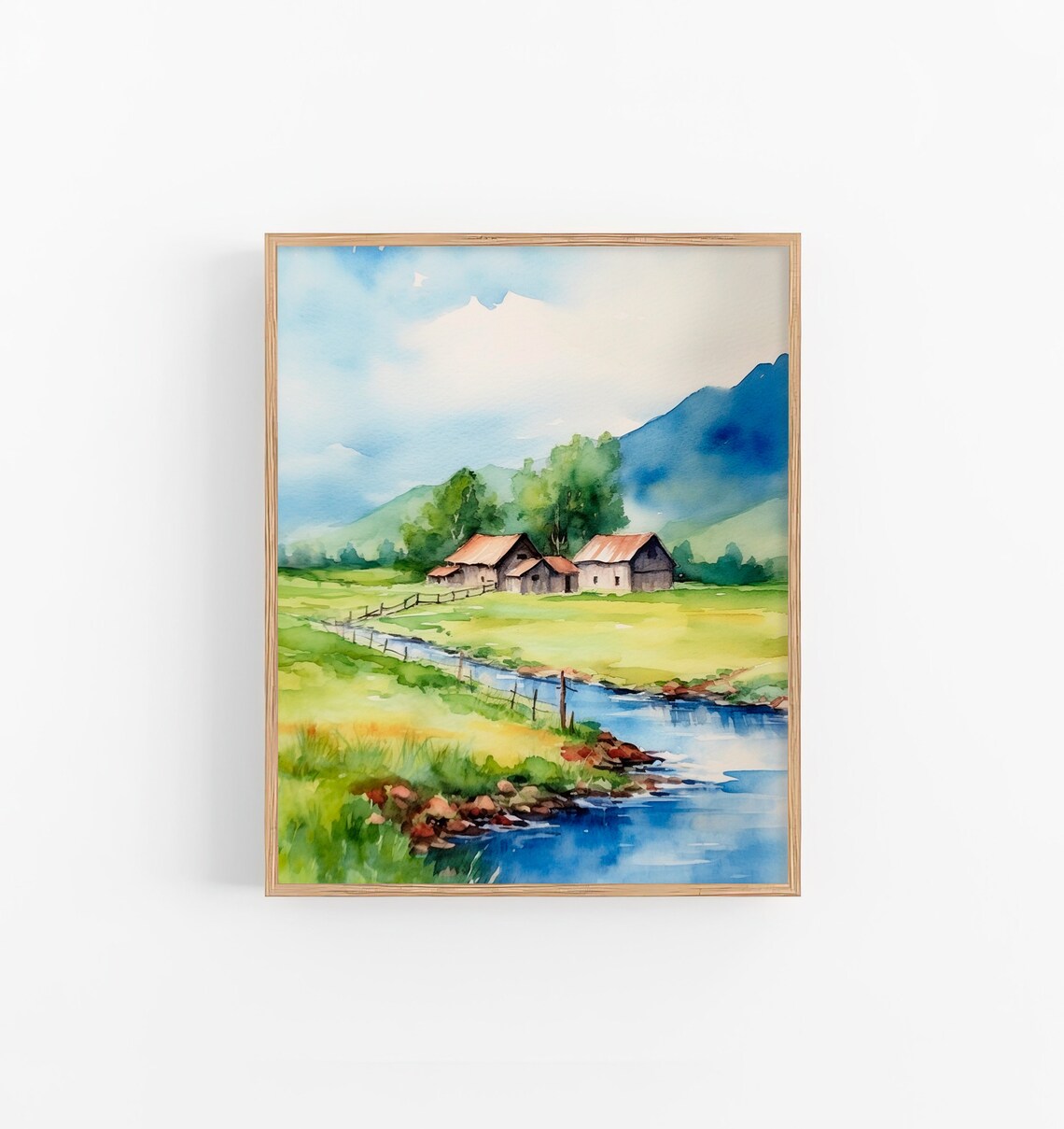 Colorado Countryside Barn Stream Mountain Landscape Watercolor Poster