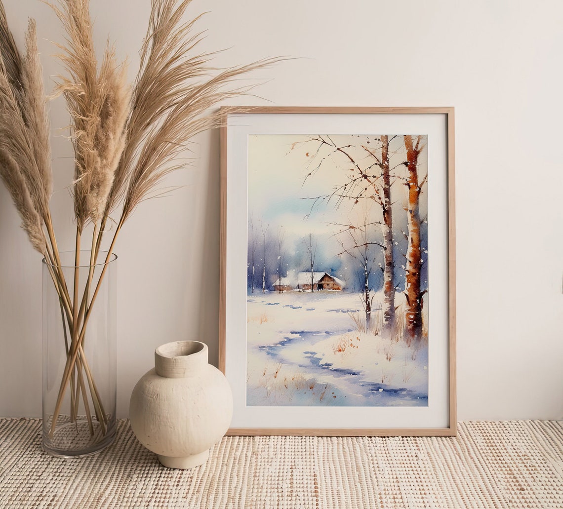 North Dakota Winter Watercolor Snowy Cabin Birch Trees Scene Poster - Image 4