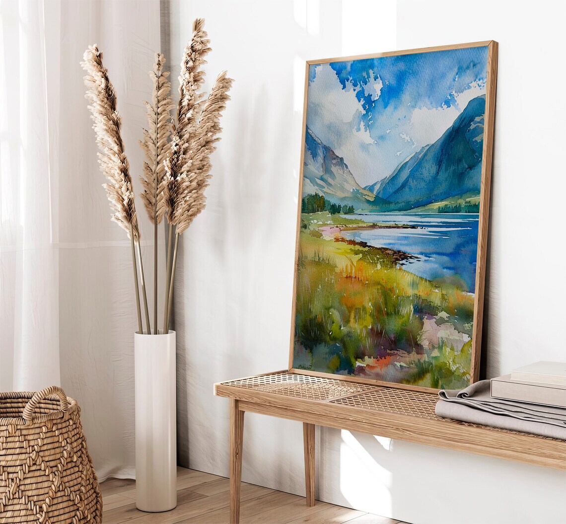 Alpine Blue Mountain Lake Valley Watercolor Landscape Poster - Image 2