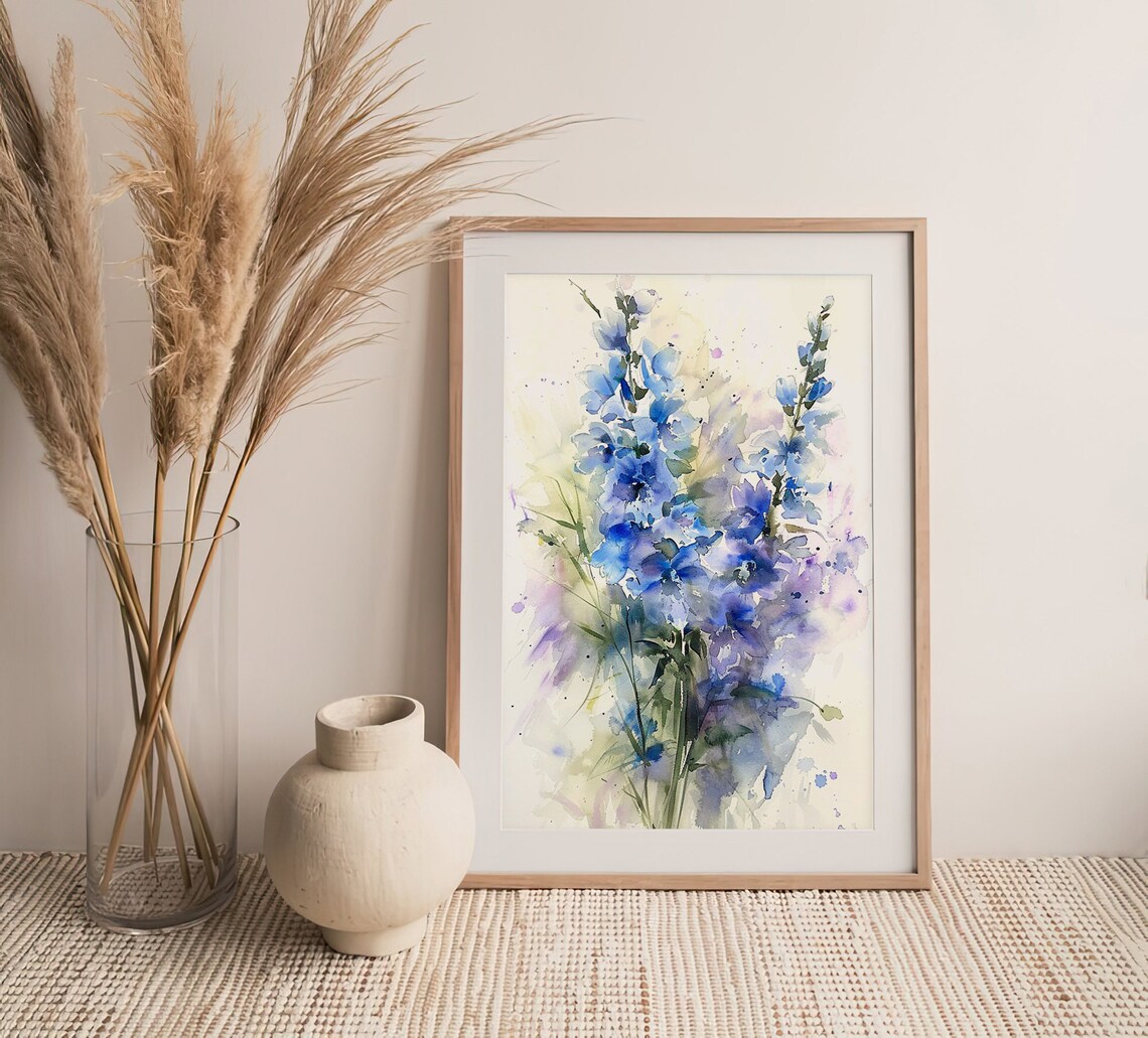 Blue Delphinium Flowers Bouquet Watercolor Floral Nature Art Poster - Image 4