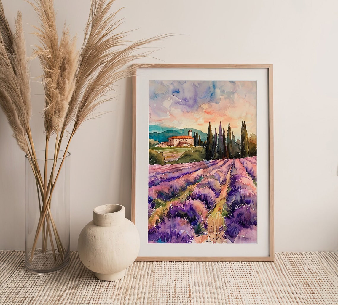 Provence Lavender Fields Farmhouse Sunset Watercolor Field Poster - Image 2