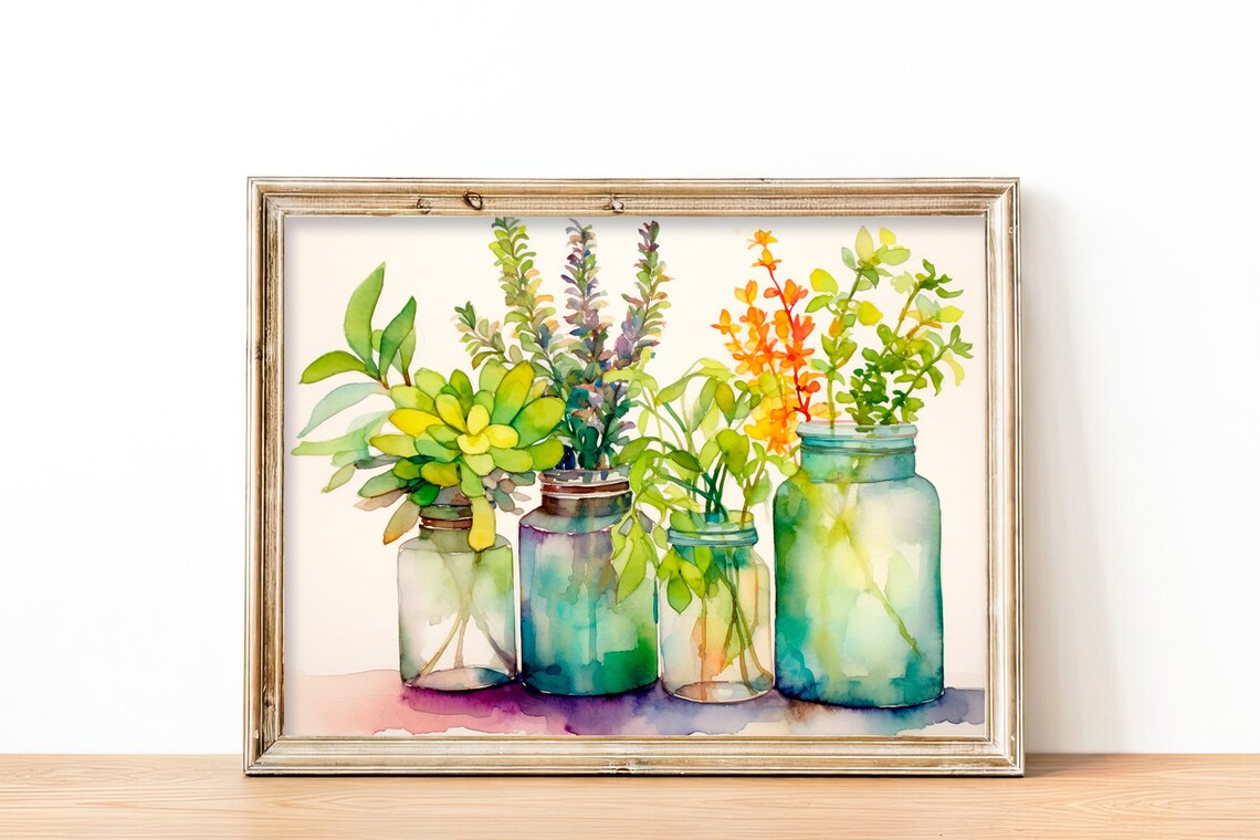 Jarred Plants Botanical Watercolor Art Print