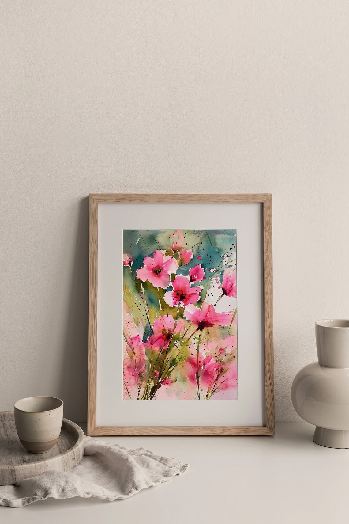 Pink Daisy Flowers Watercolor Abstract Wildflowers Modern Art Print - Image 4