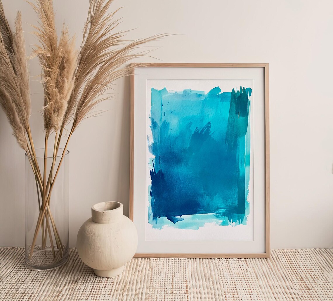 Turquoise Blue Abstract Watercolor Wash Bold Minimal Modern Art Poster - Image 4