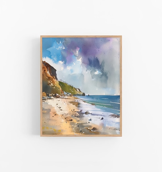 Cornwall England Sandy Beach Cliffs Coastal Watercolor Poster