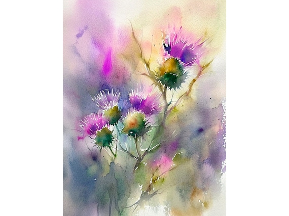 Thistle Flowers Watercolor Art Print, Scotland Wildflowers