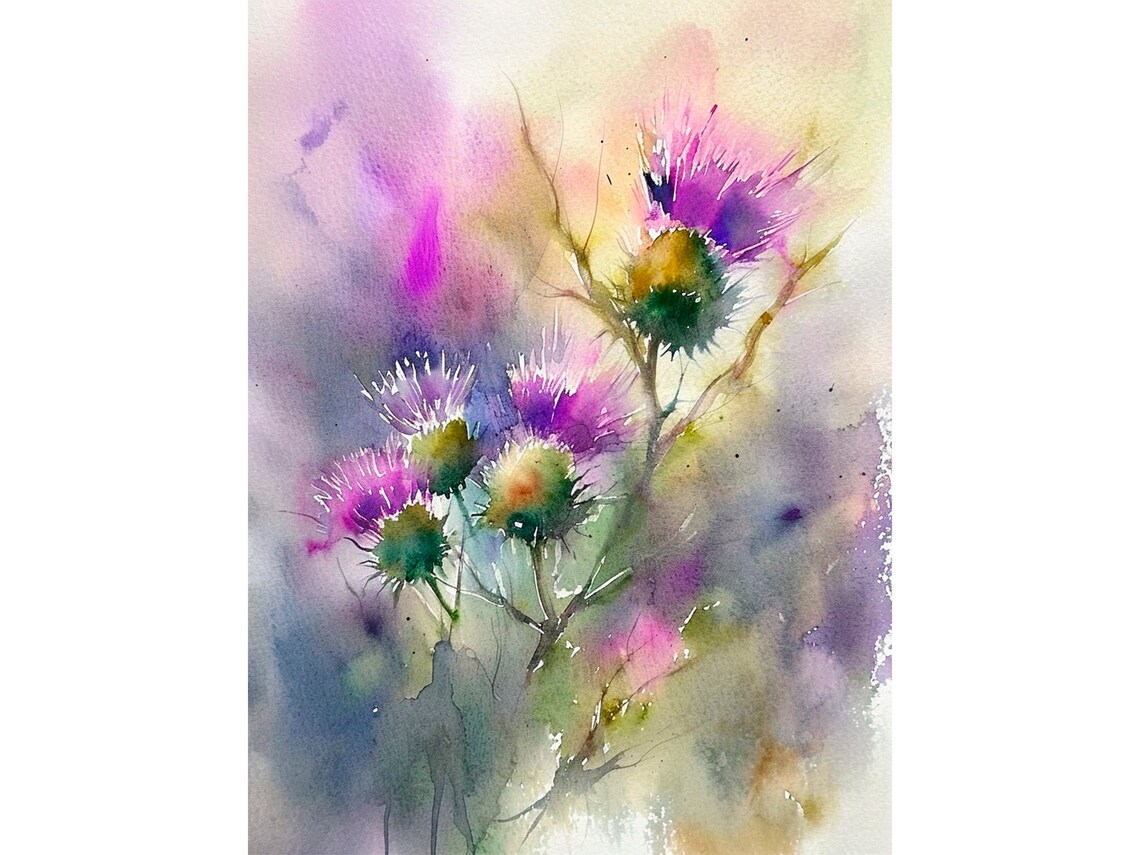 Thistle Flowers Watercolor Art Print, Scotland Wildflowers