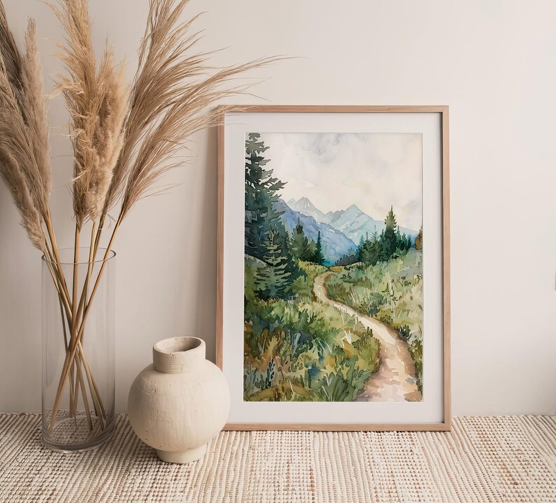 Columbia Gorge Watercolor Mountain Trail Pines Winding Path Poster - Image 4