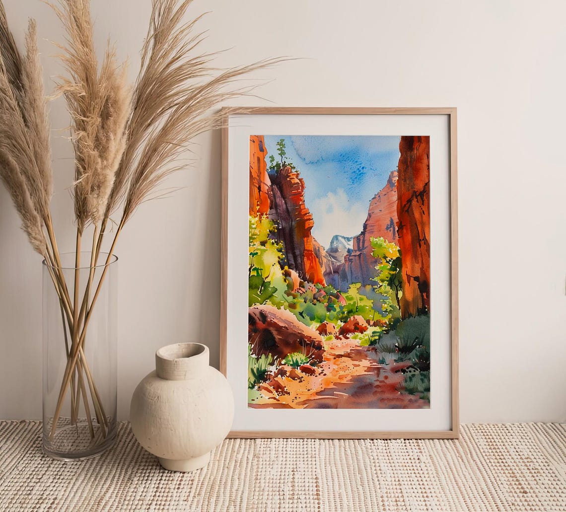 Stunning Zion Utah Red Rock Canyon Sunlit Trail Watercolor Poster - Image 4