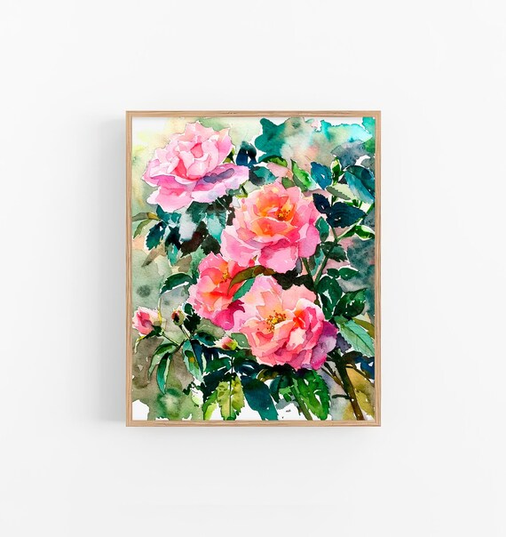 Pink Roses Watercolor Spring Floral Bouquet Garden Art Print
