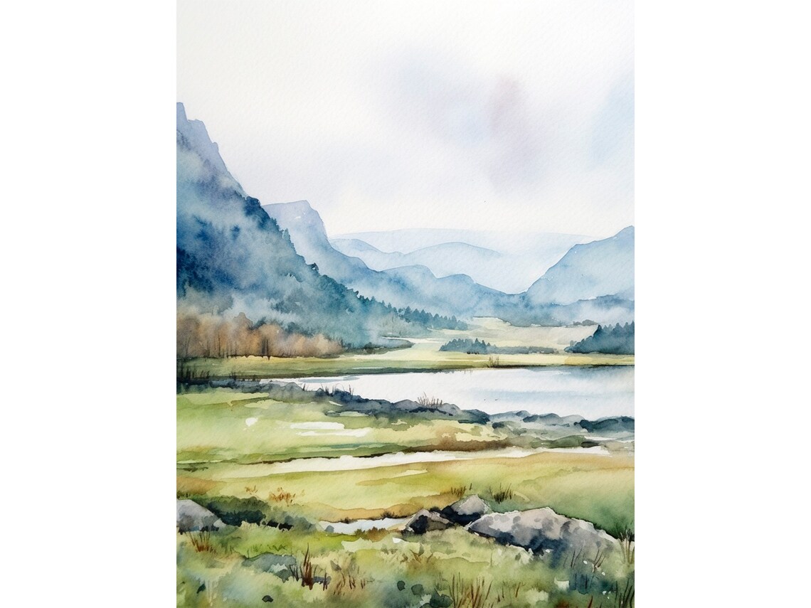 Tranquil Green Valley Watercolor Misty Mountains Lake Landscape Print