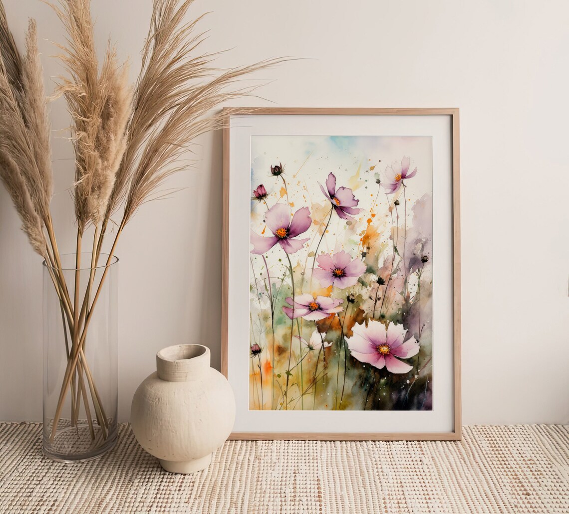 Pink Cosmos Wildflowers Meadow Watercolor Floral Scene Poster - Image 5