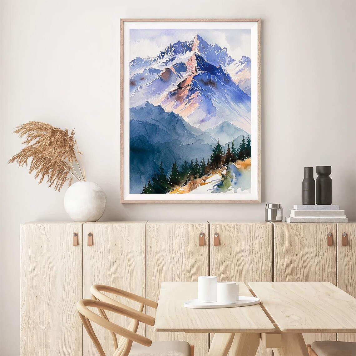 Snowy Blue Mountain Peaks Pine Trees Watercolor Winter Poster - Image 5