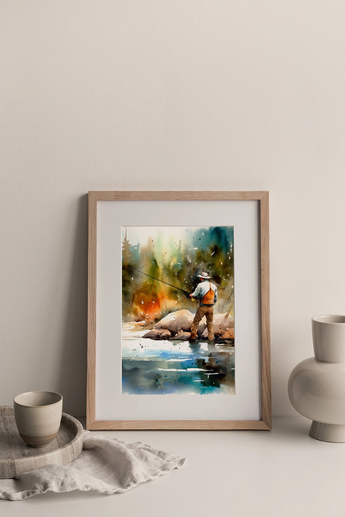 Fly Fisherman Watercolor Casting Rod on Mountain River Poster - Image 3