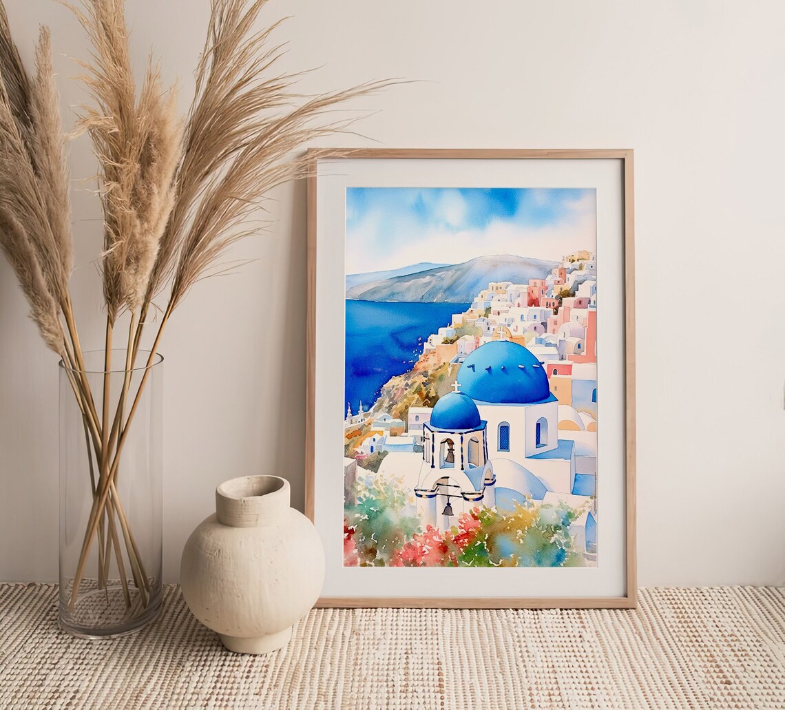 Santorini Watercolor Painting Greece Art Print - Image 3