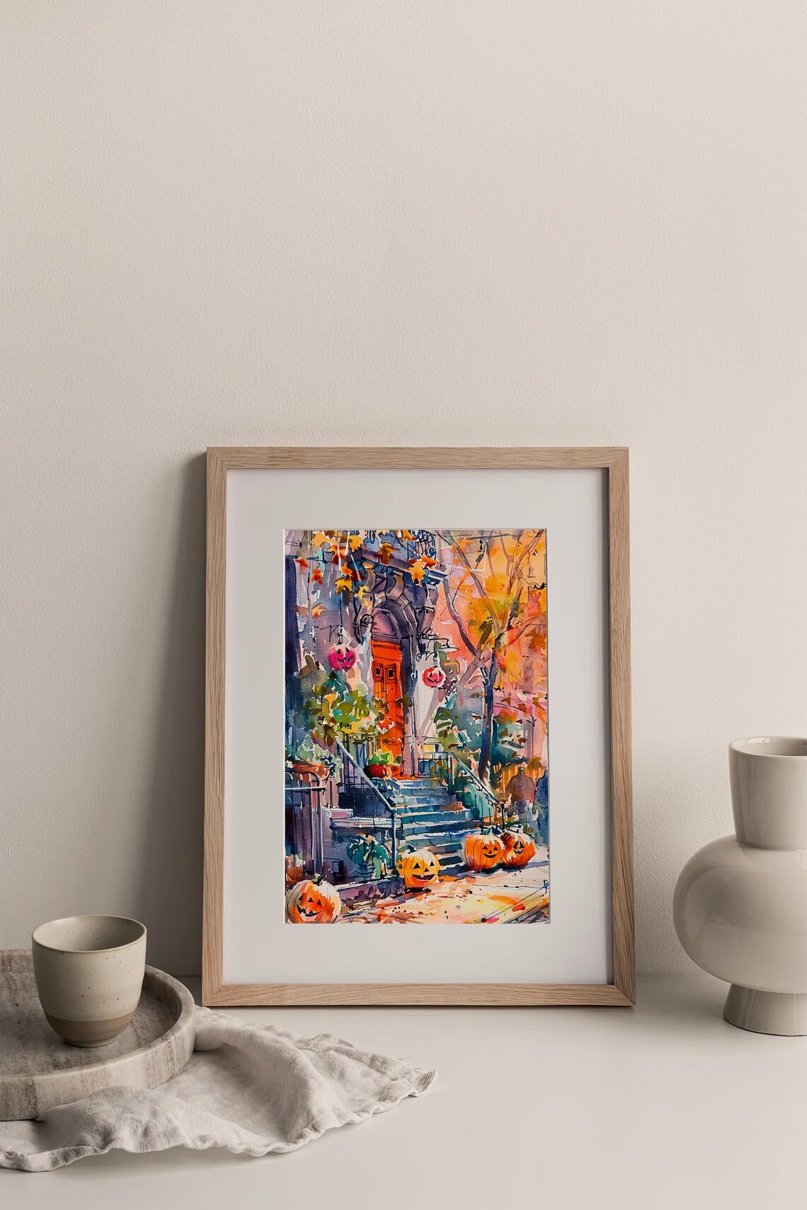 Halloween Brownstone Stoop Jack O Lanterns Autumn Watercolor Poster - Image 3