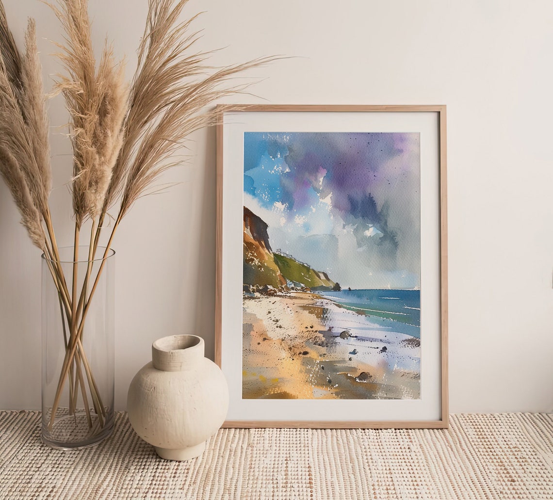 Cornwall England Sandy Beach Cliffs Coastal Watercolor Poster - Image 4