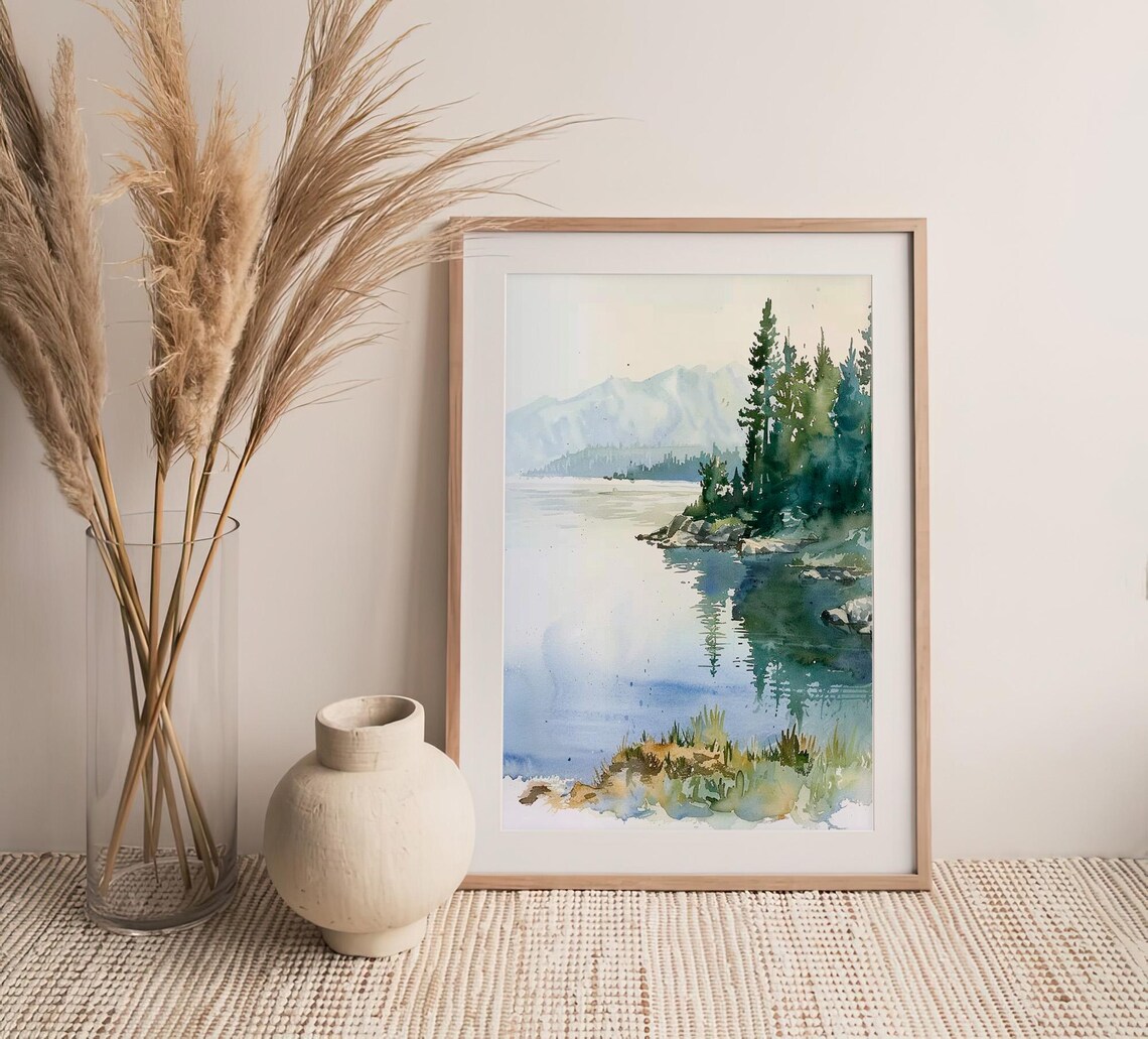 Lake Tahoe Pine Shoreline Misty Mountains Calm Watercolor Lake Poster - Image 4