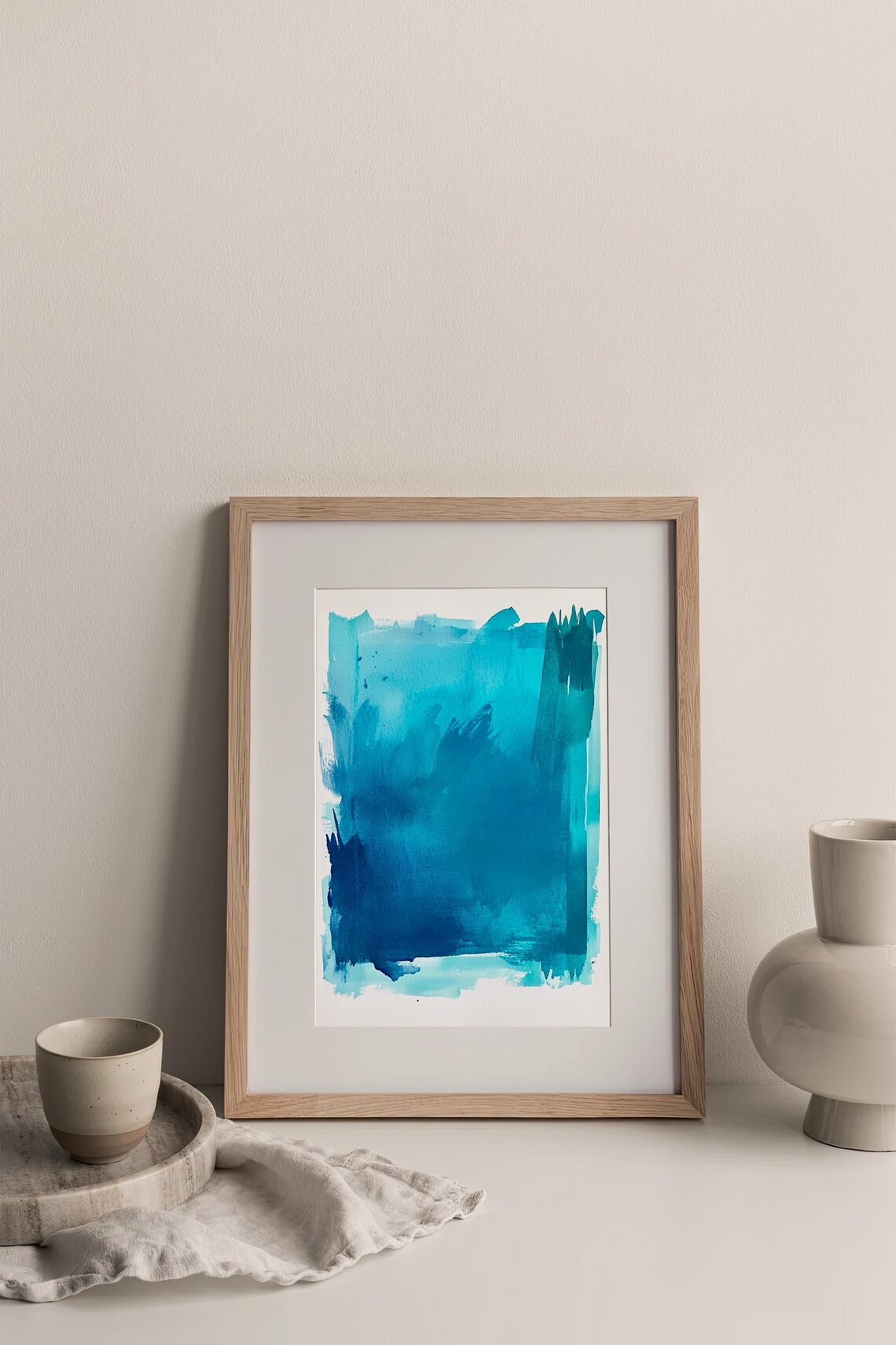 Turquoise Blue Abstract Watercolor Wash Bold Minimal Modern Art Poster - Image 3
