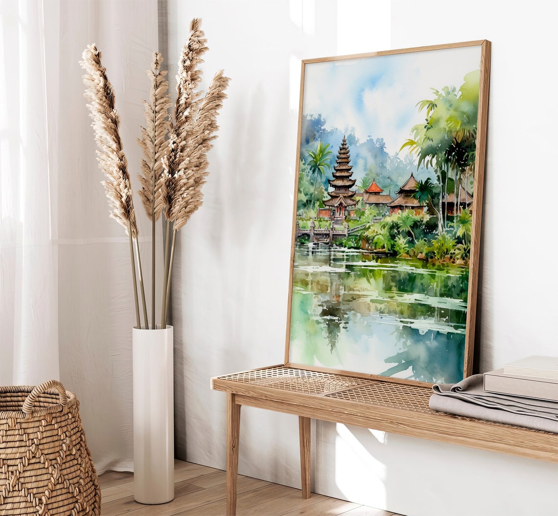 Bali Temple By The Water Tropical Palms Reflection Watercolor Poster - Image 4