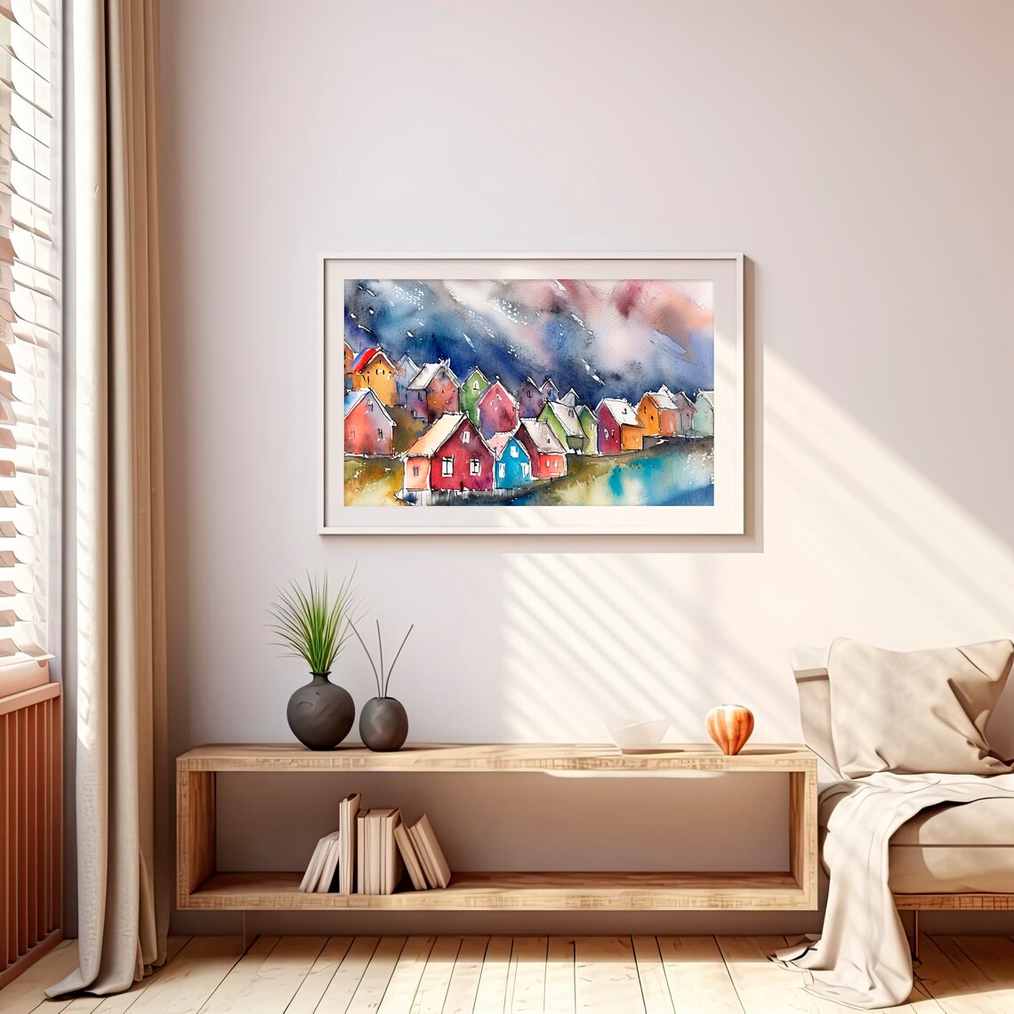 Nordic Fishing Village Colorful Scandinavian Houses Watercolor Poster - Image 3
