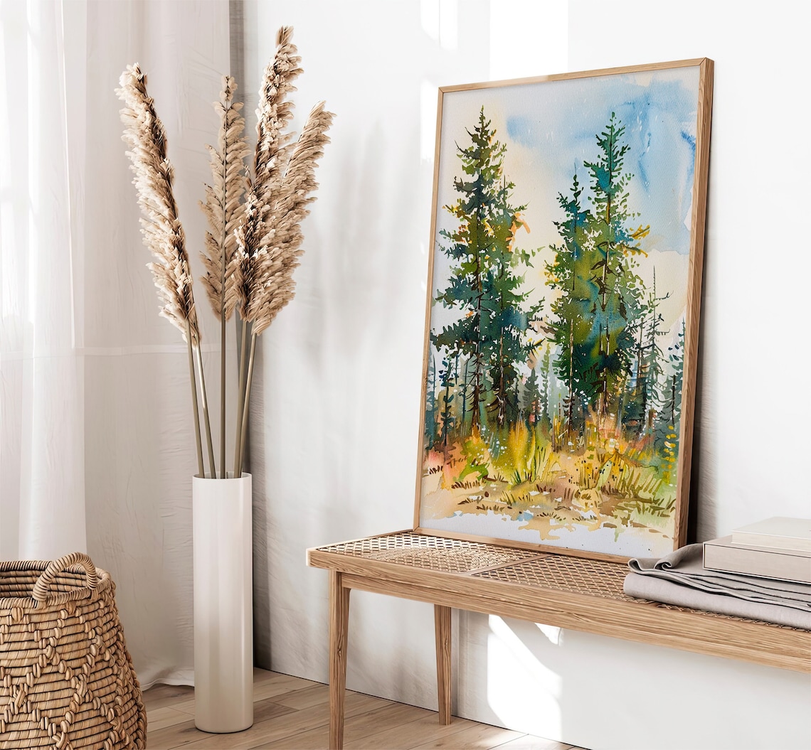 Golden Pine Forest Sunlit Evergreen Trees Watercolor Landscape Poster - Image 4