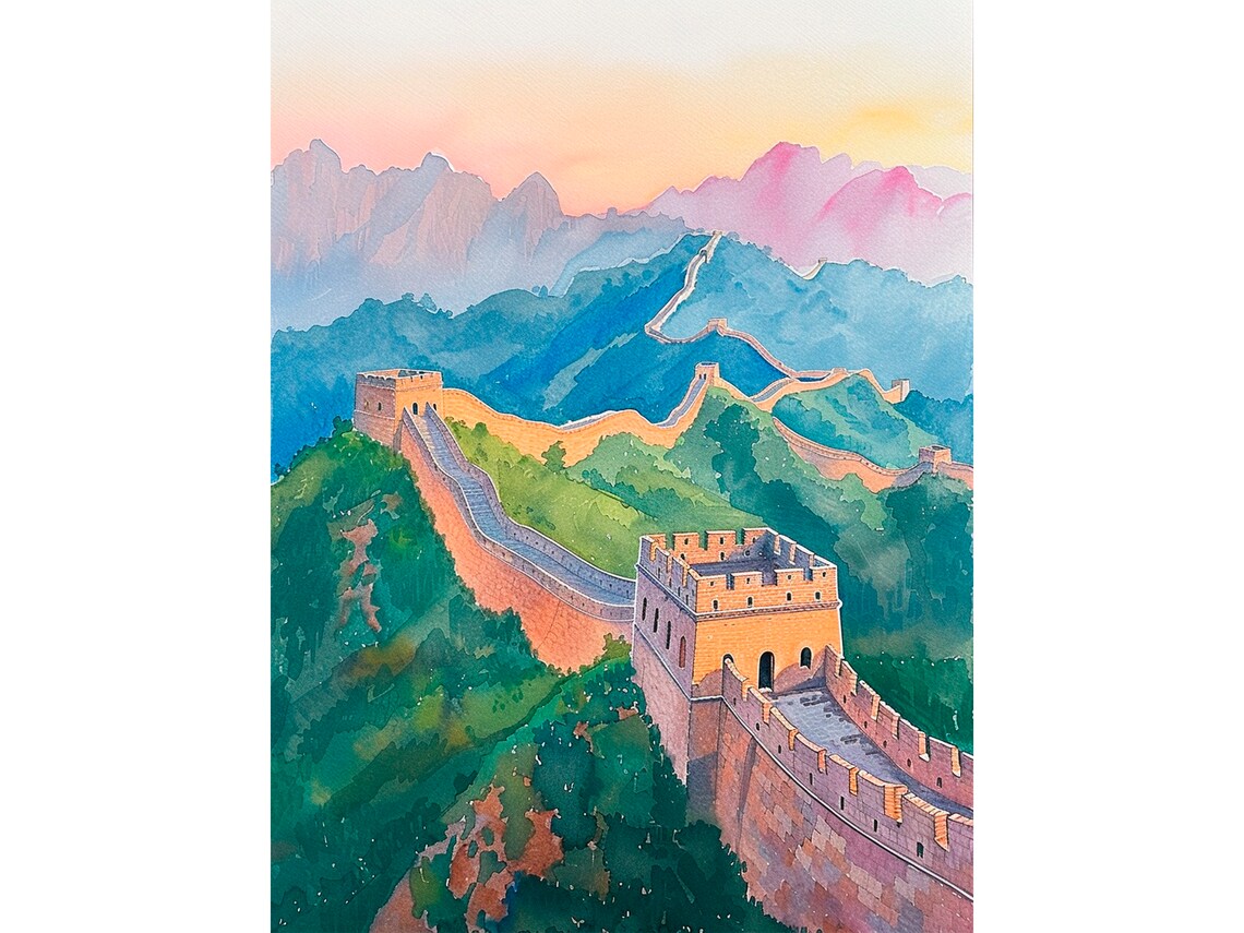 Great Wall Of China Watercolor Mountains Sunset Landscape Art Print