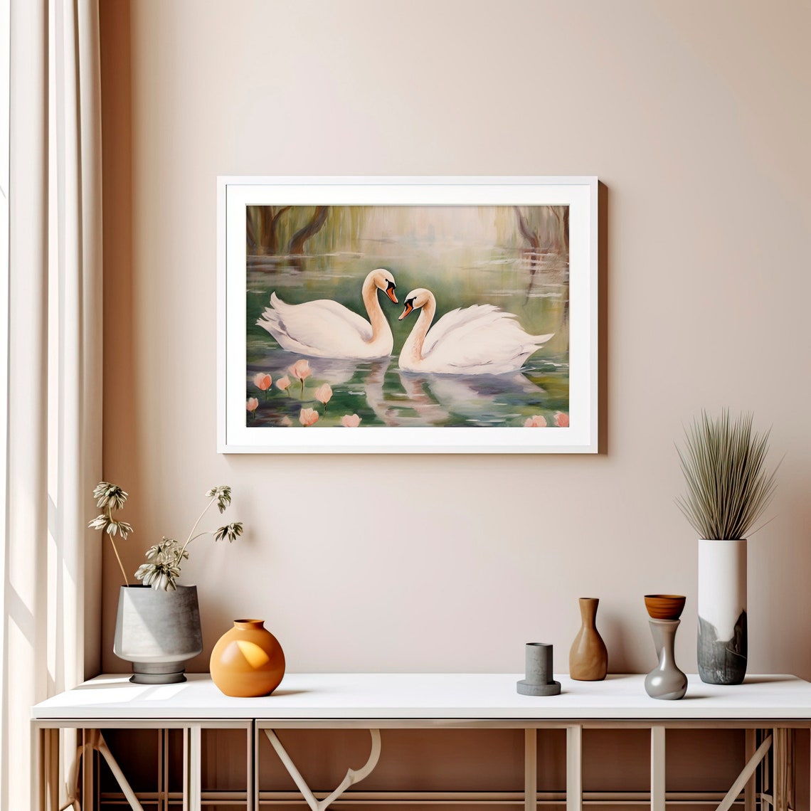 Two Swans Watercolor Romantic Couple White Birds Lake Scene Poster - Image 5
