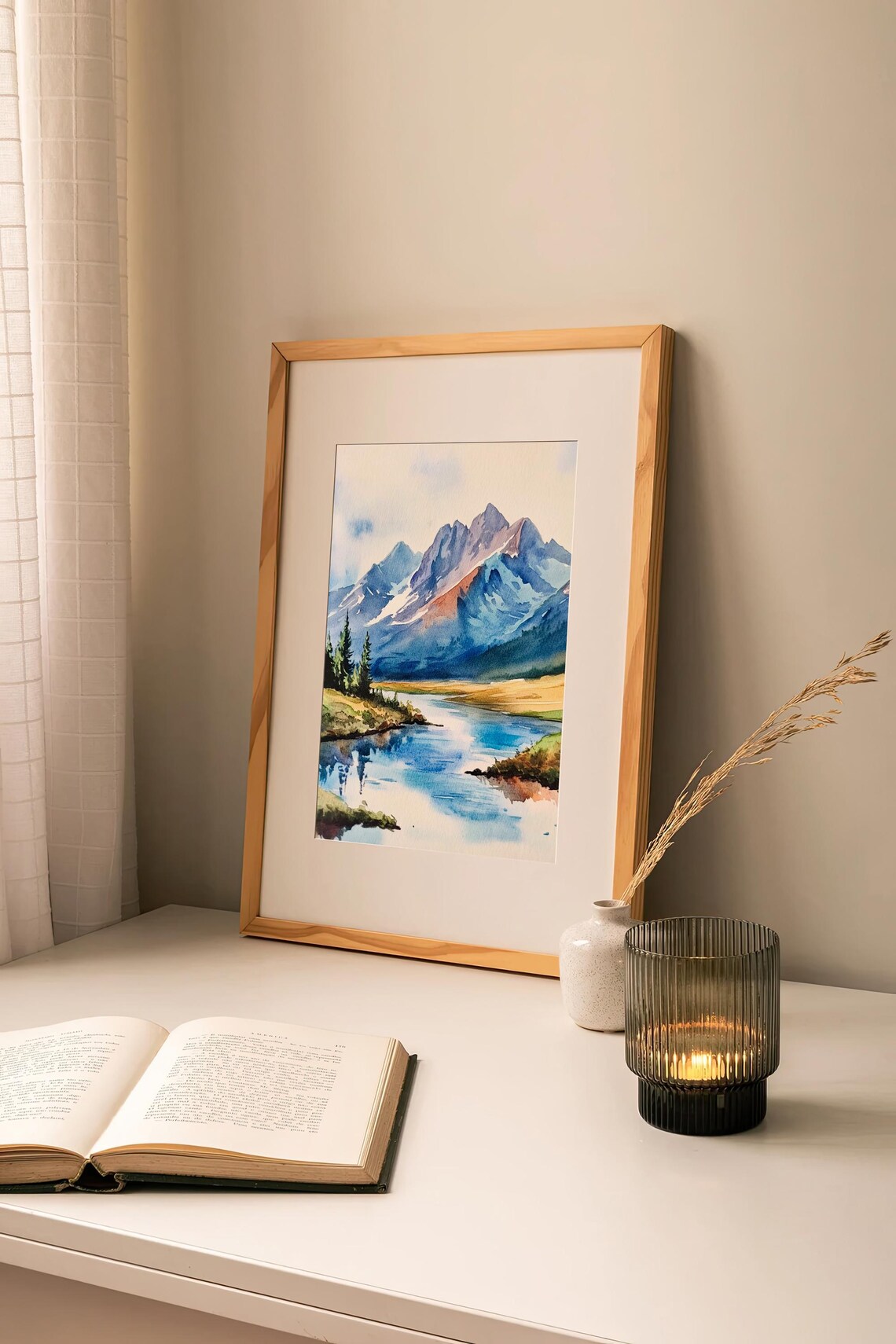 Alpine Mountain Lake Watercolor Blue Peaks River Pines Landscape Print - Image 2