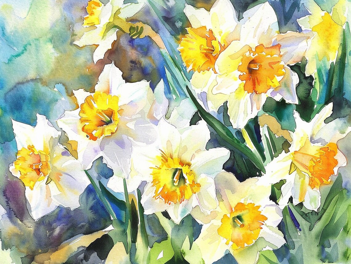 Daffodils Watercolor Art Print, Spring Floral Meadow
