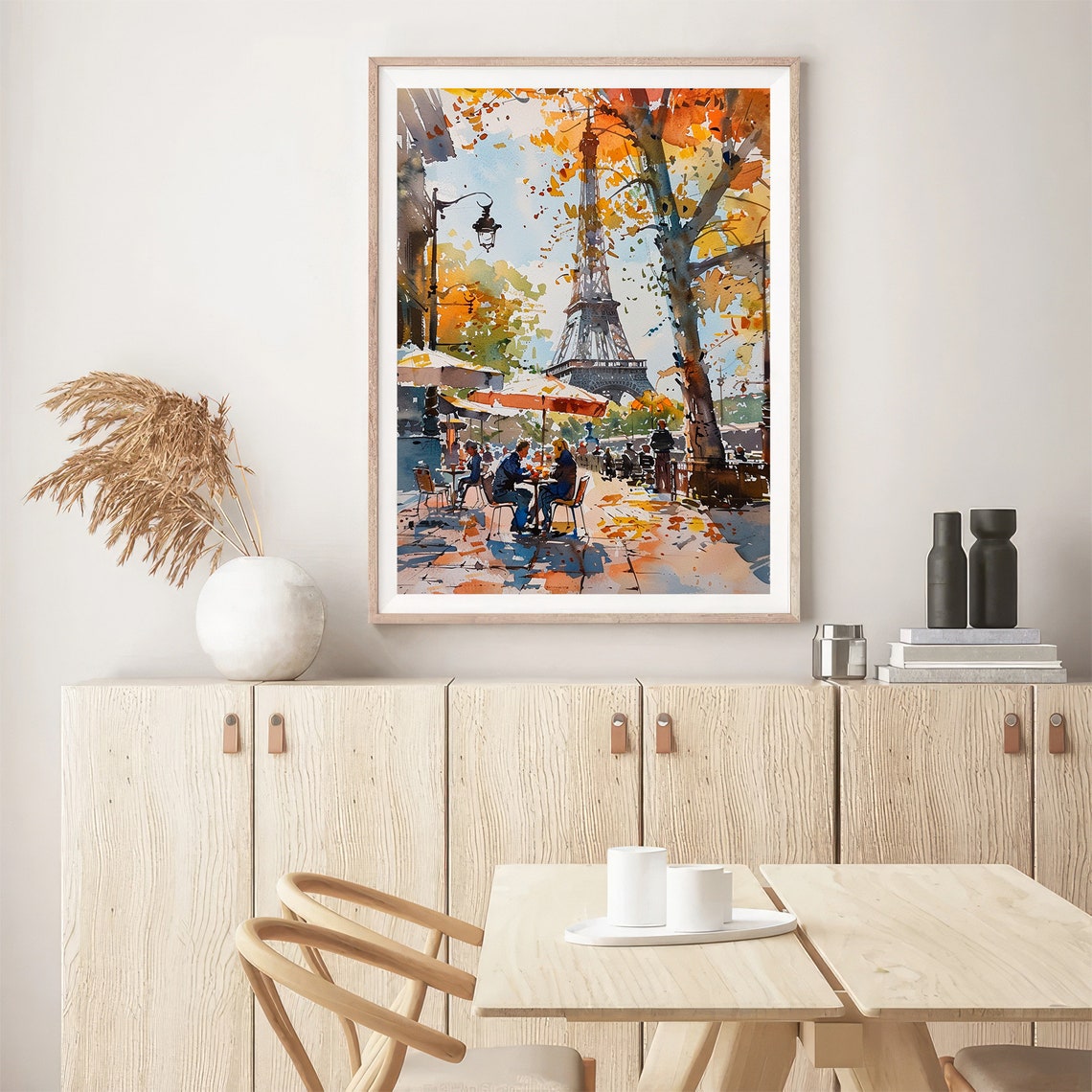 Paris Cafe Eiffel Tower Autumn Street Scene Watercolor Wall Art - Image 5