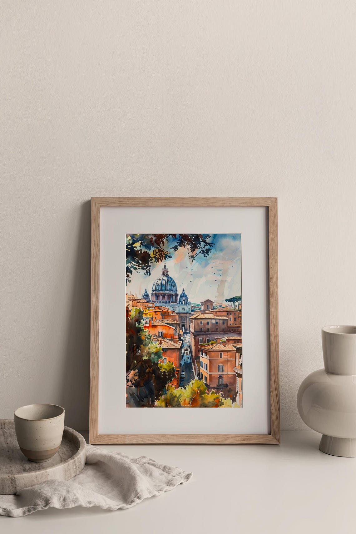 Stunning Rome Italy Saint Peters Dome Rooftops Watercolor Poster - Image 3