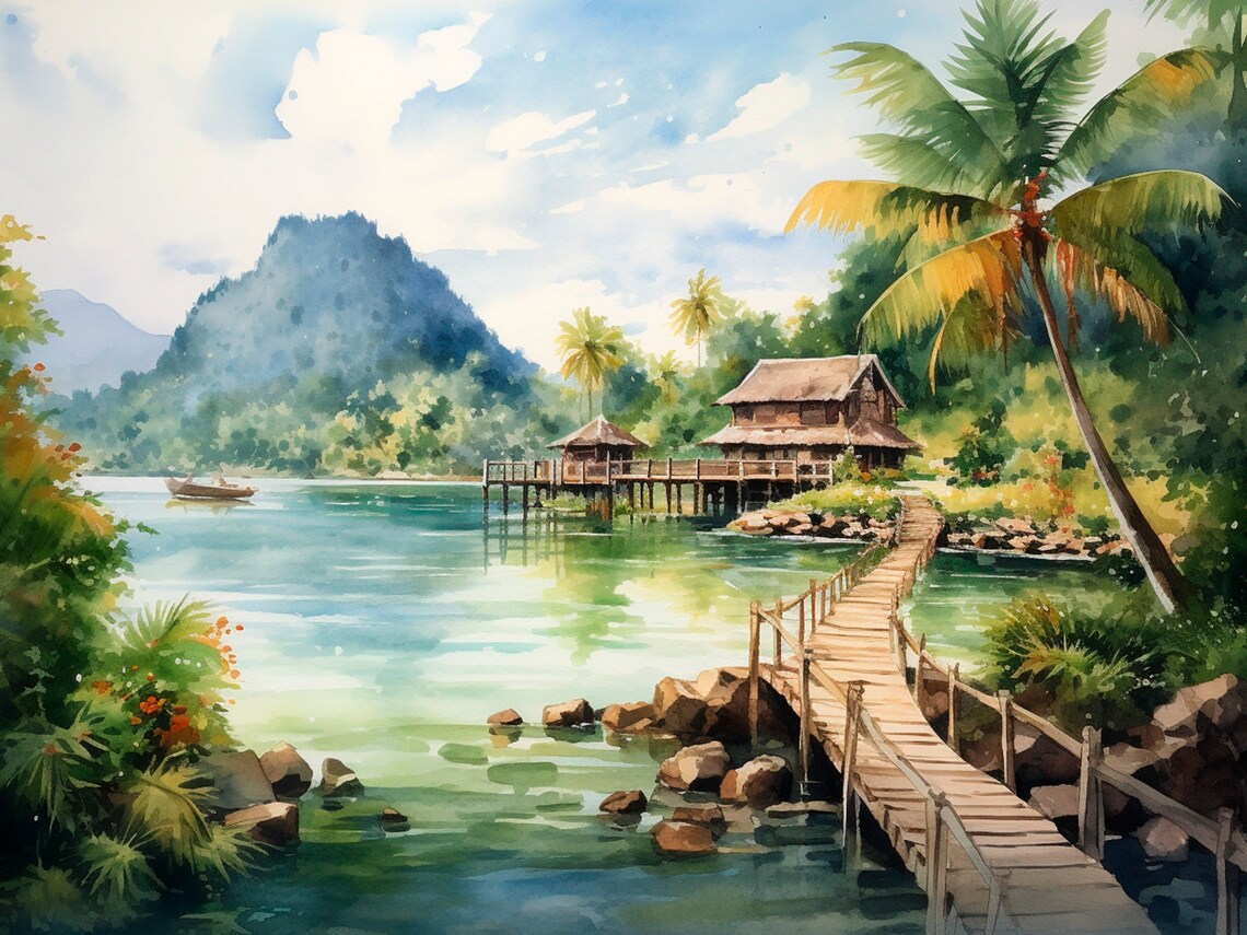 Thailand Watercolor Mountains Phi Phi Island Art Print