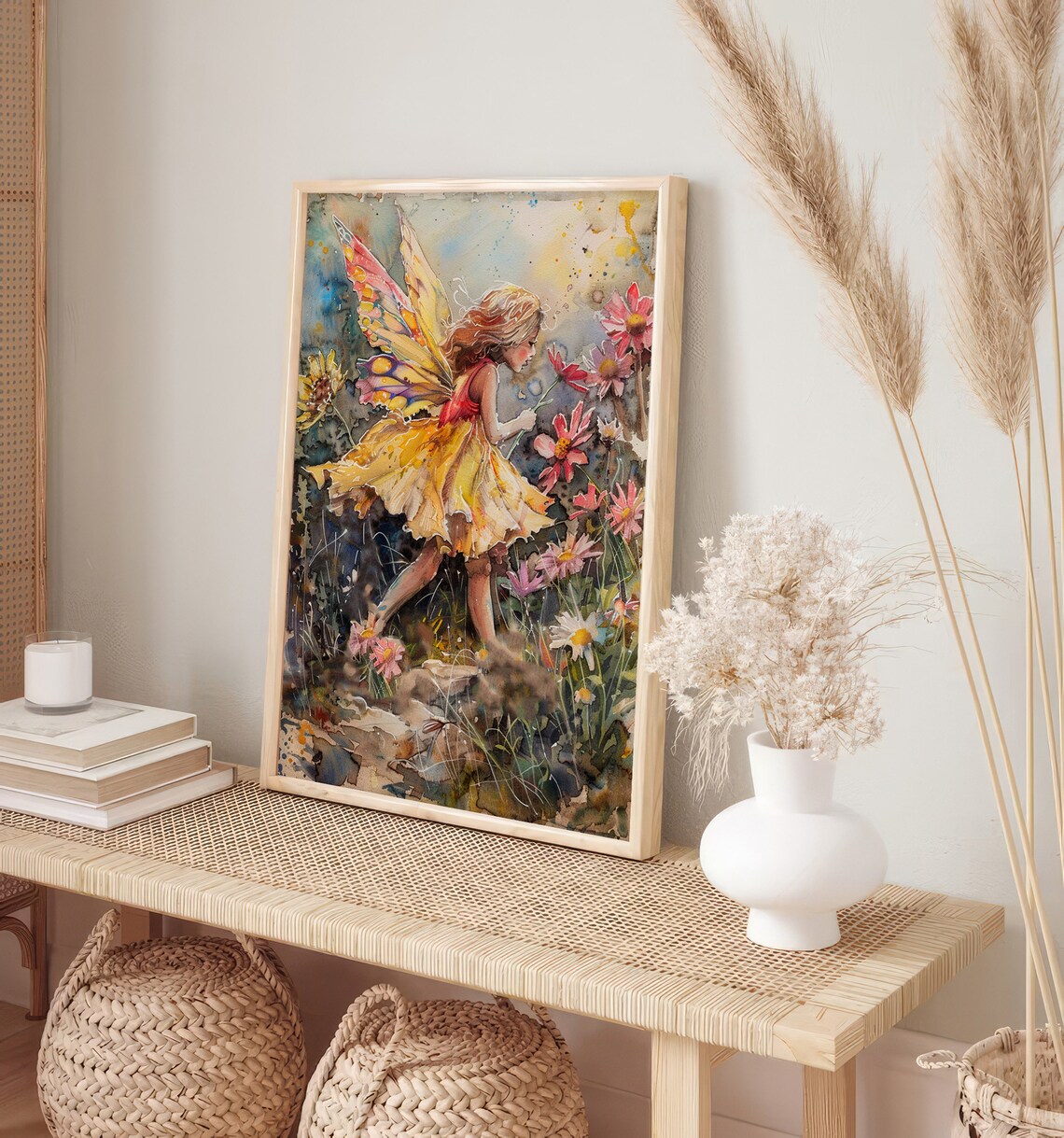Butterfly Fairy Girl Wildflowers Watercolor Fantasy Art Poster - Image 2