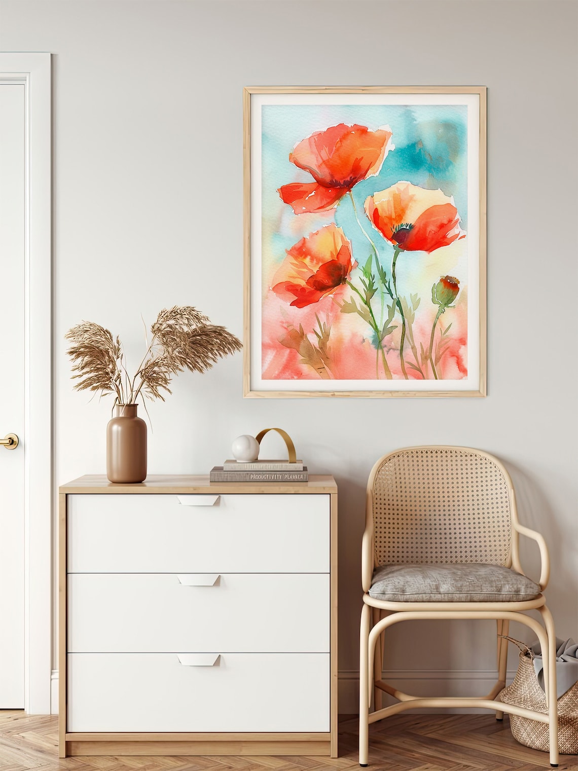 Red Orange Poppies Close Up Watercolor Floral Botanical Wall Art - Image 3