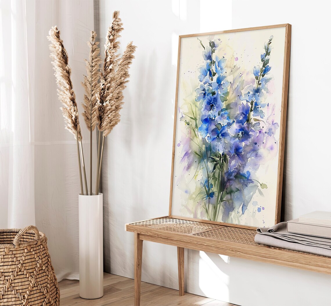 Blue Delphinium Flowers Bouquet Watercolor Floral Nature Art Poster - Image 3