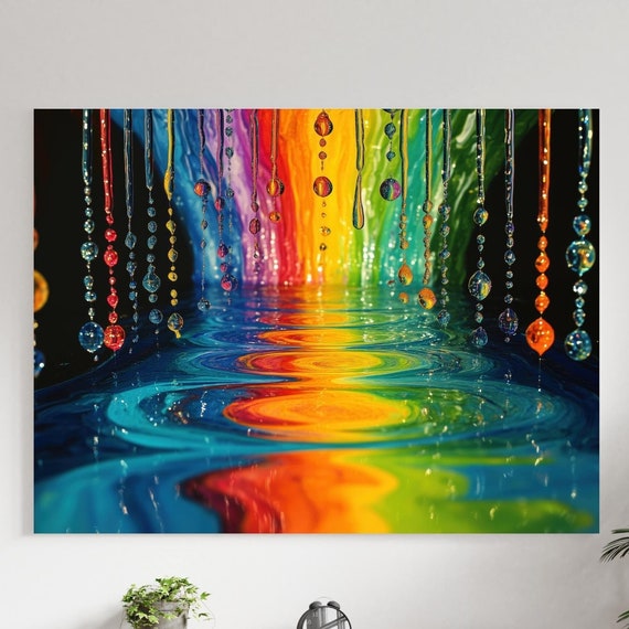 Rainbow Water Droplet Art Print Colorful Dripping Beads Art Abstract Psychedelic Wall Decor Vibrant Fluid Art