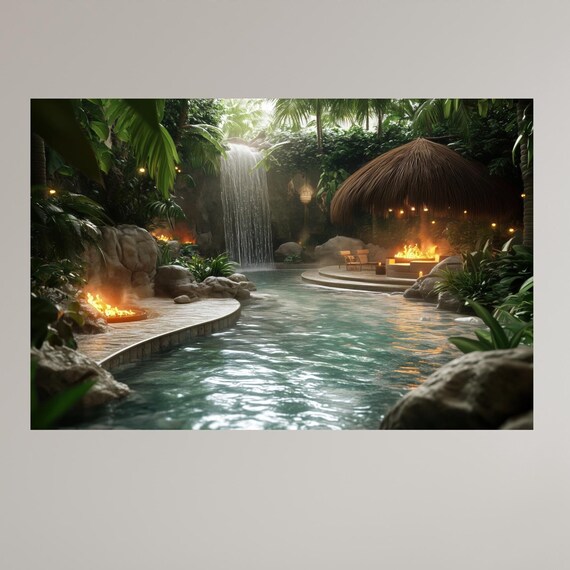 Exotic Jungle Poolside With Waterfall And Fire Bowl Tranquil Tropical Retreat Wall Art Lush Nature Escape Decor