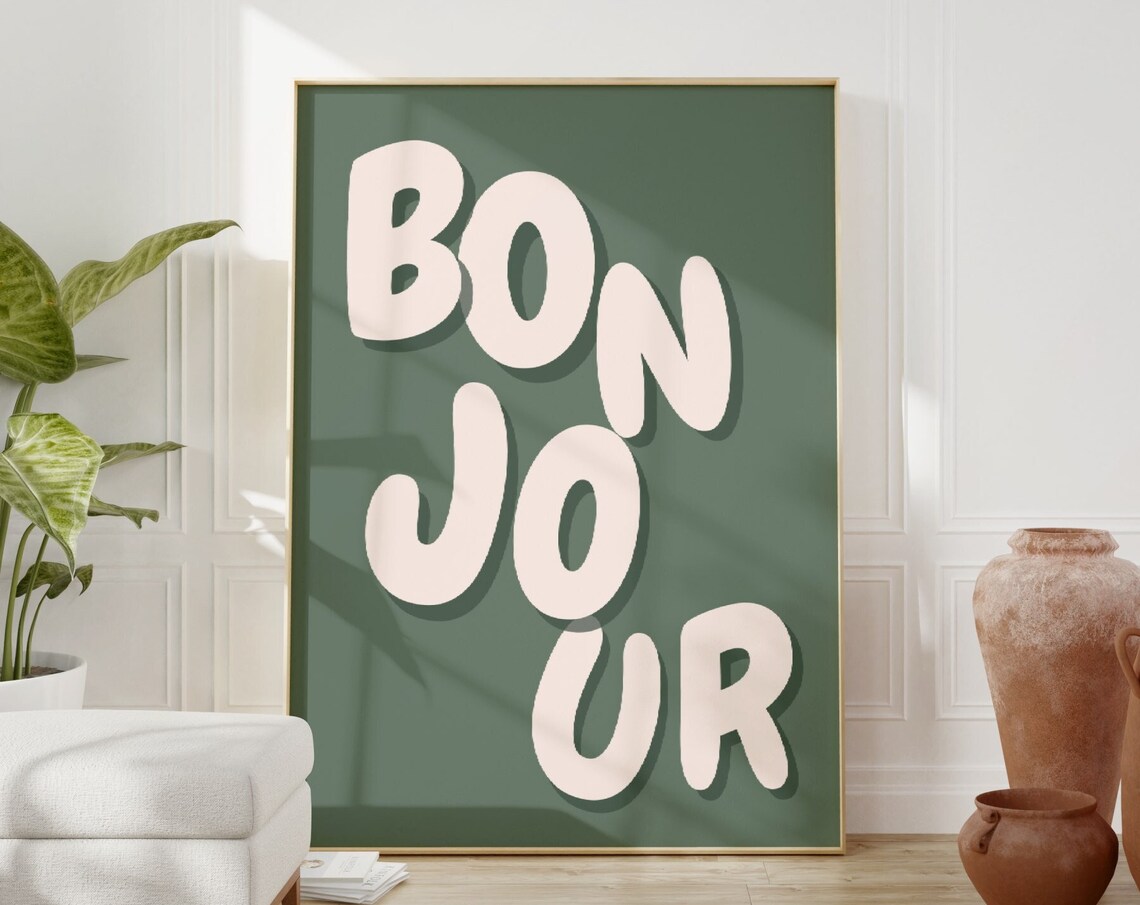 Bon Jour Sage Green Typography Poster French Phrase Neutral Room Decor