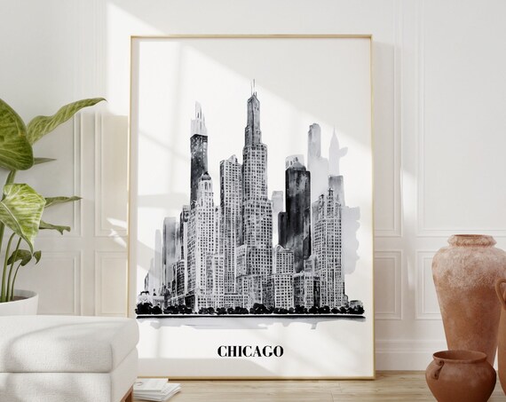 Chicago Skyline Black White Watercolor City Travel Decor Poster