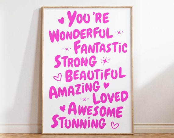You Are Amazing Poster Retro Pink Affirmation Quote Funky 70s Pink Wall Art Girly Dorm Room Decor Trendy Art Preppy Wall Art