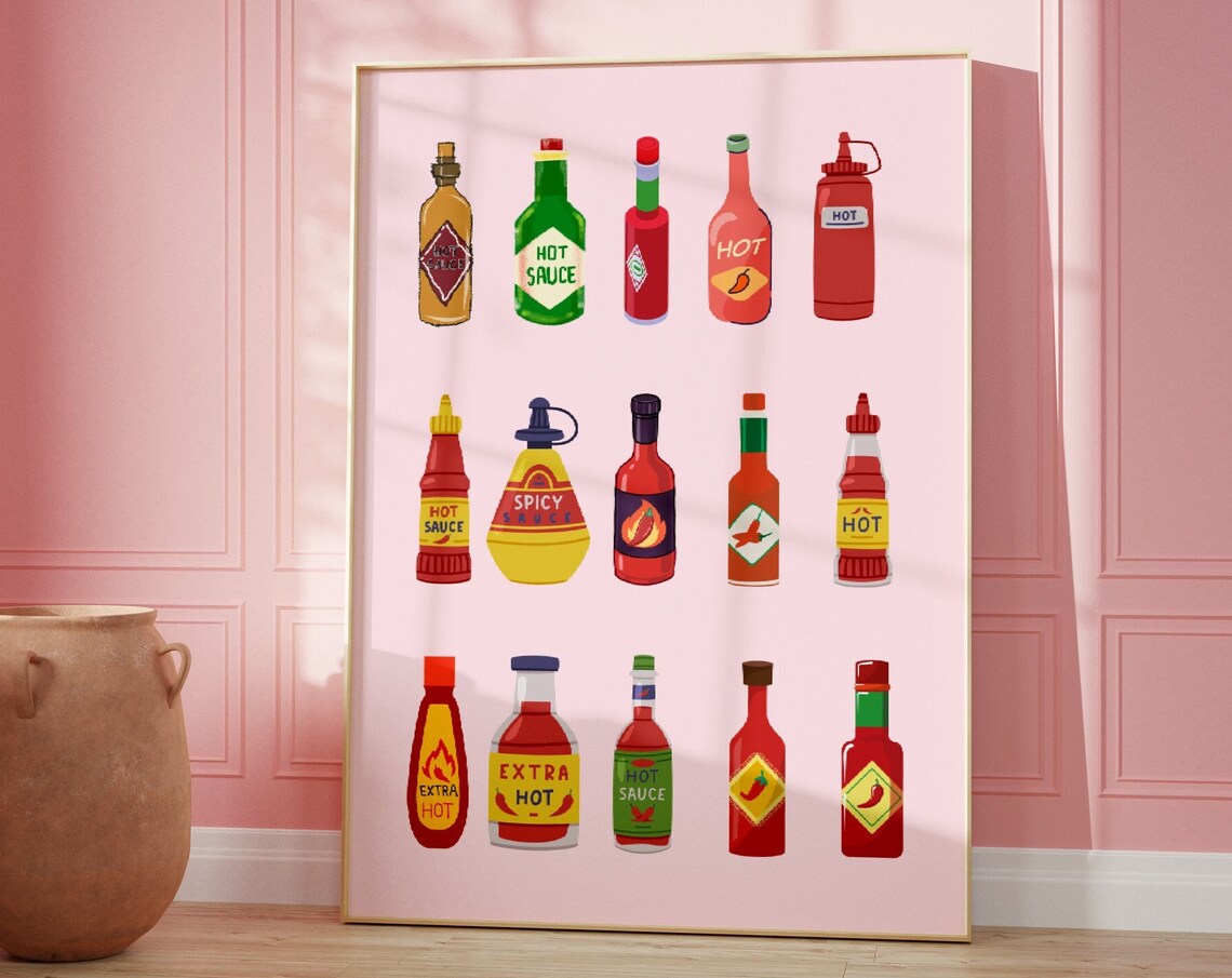 Hot Sauce Bottle Collection Poster Retro Kitchen Pink Spicy Food Art - Image 4