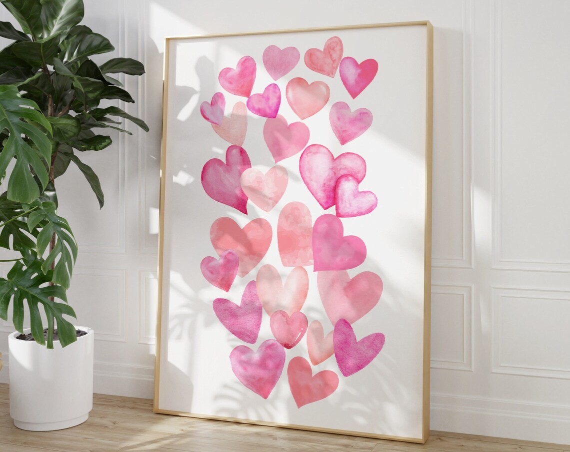 Pink Watercolor Hearts Nursery Romantic Valentine Sweet Gift Poster - Image 3