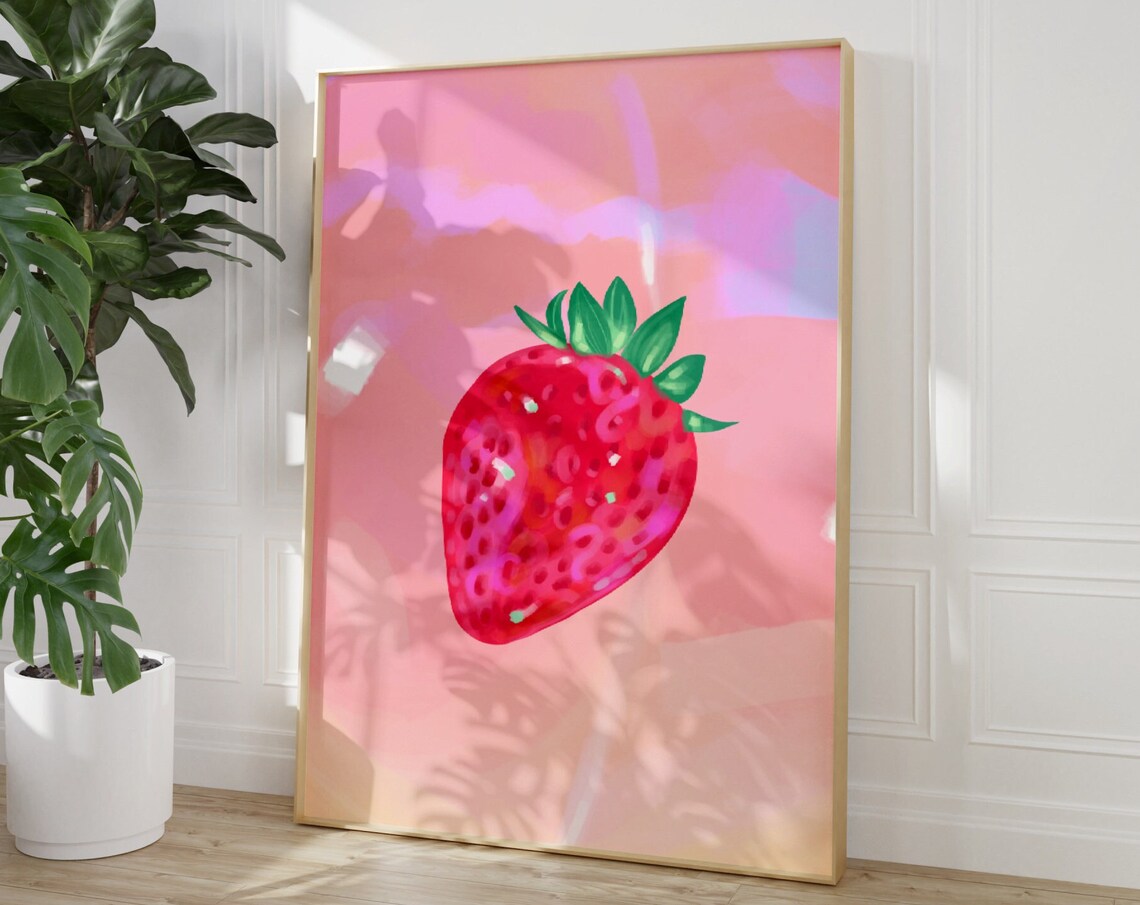 Strawberry Watercolor Poster Pink Retro Fruit Painting Kitchen Decor - Image 3