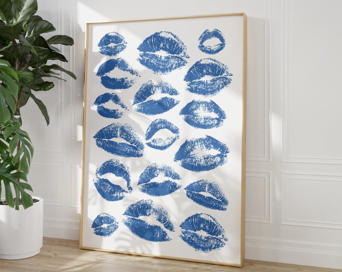 Blue Lipstick Kiss Marks Pattern Cool Fashion Pop Art Poster - Image 3