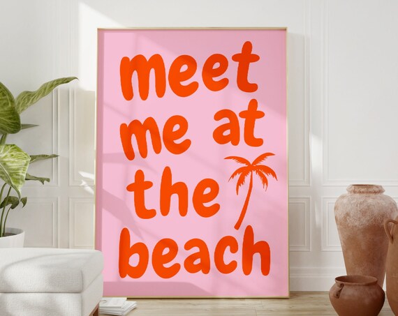 Meet Me At The Beach Orange Palm Retro Summer Tropical Poster