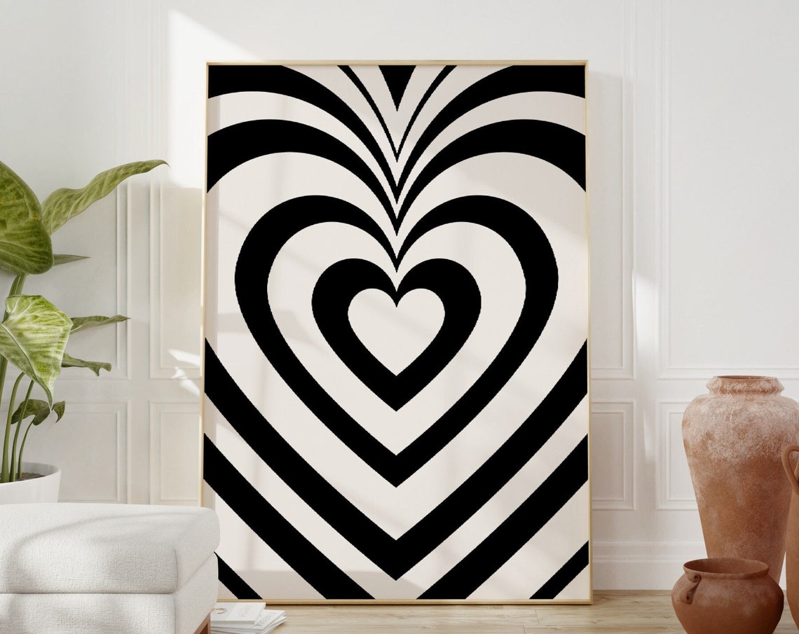 Concentric Hearts Black White Op Art Psychedelic Tunnel Wall Poster
