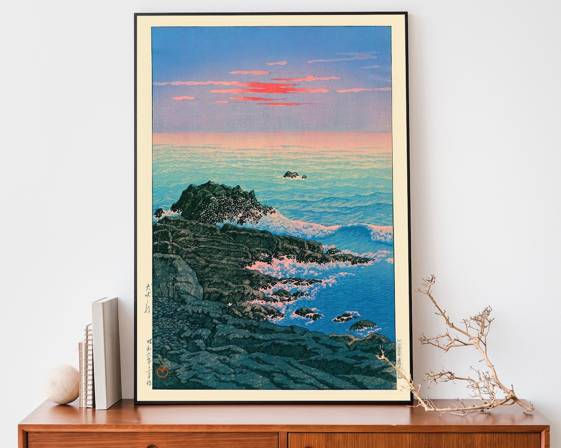 Japanese Rocky Coast Sunrise Waves Woodblock Style Ocean Poster