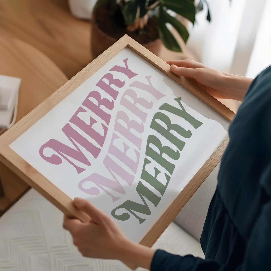 Merry Wavy Retro Lettering Pink Sage Christmas Holiday Art Print - Image 2