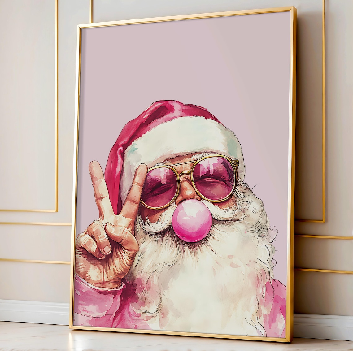 Pink Santa Ho Ho Ho Retro Bubblegum Santa Christmas Duo Wall Art - Image 2